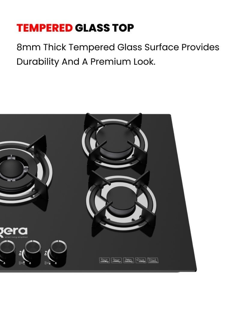 أوجيرا موقد غاز مدمج 5 في 1 مع شعلة حلقة ثلاثية، سطح زجاج مقوّى، متوافق مع غاز LPG، دعامات أواني من الحديد الزهر، مقابض معدنية | ضمان لمدة سنتين - Image 4